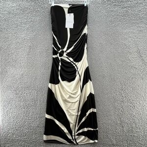 Cala De La Cruz Dress XL Black White Geo Floral Ruched Strapless Tube Resort